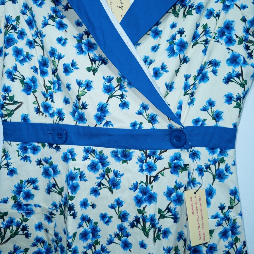Lindy Bop Blue Blossom Floral Lorraine Tea Midi Dress Medium NWT - Picture 2 of 7